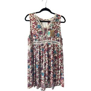Umgee Women's Floral Print‎ Sleeveless Mini Dress with Crochet Trim